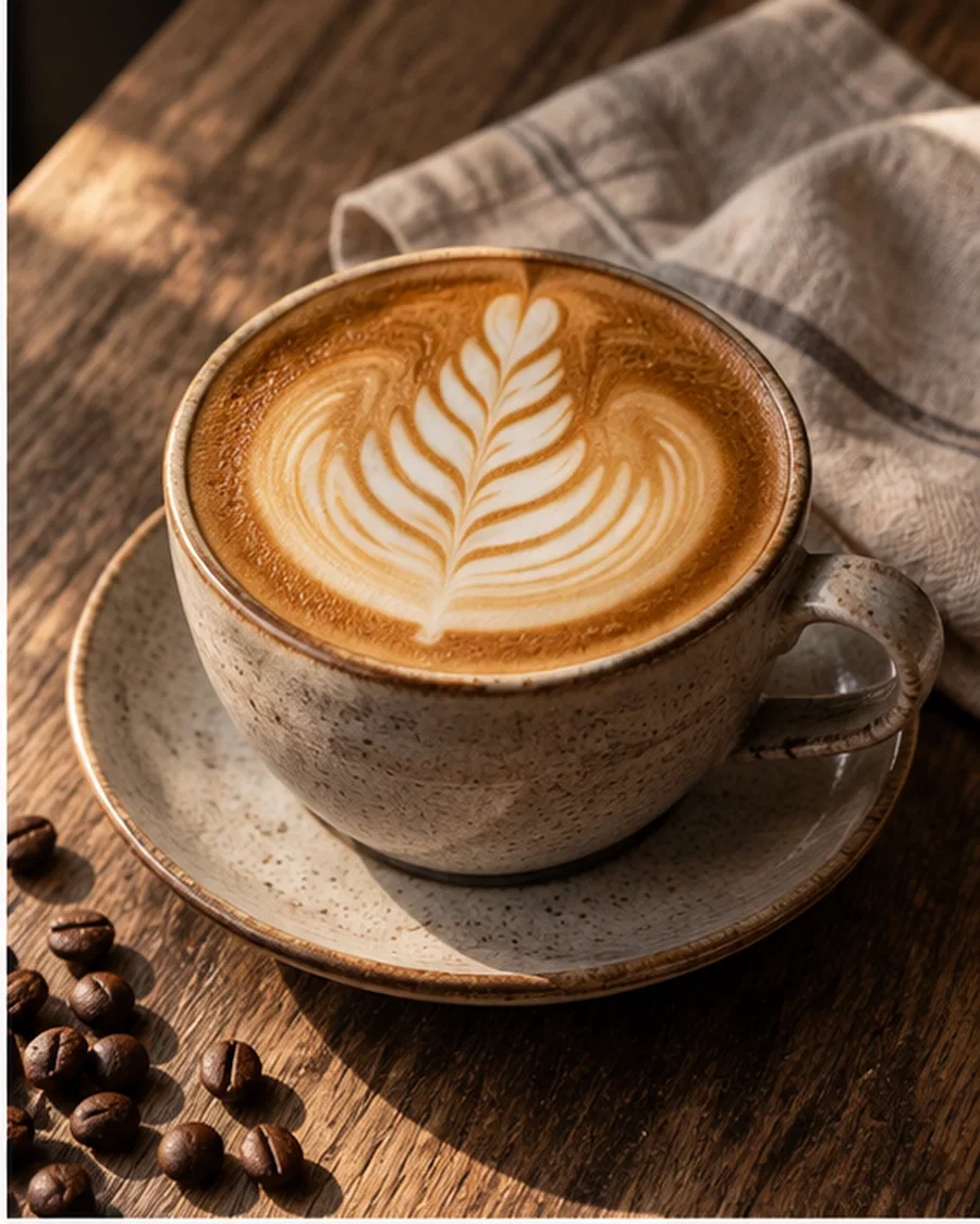 Cappuccino dengan latte art daun di cangkir keramik