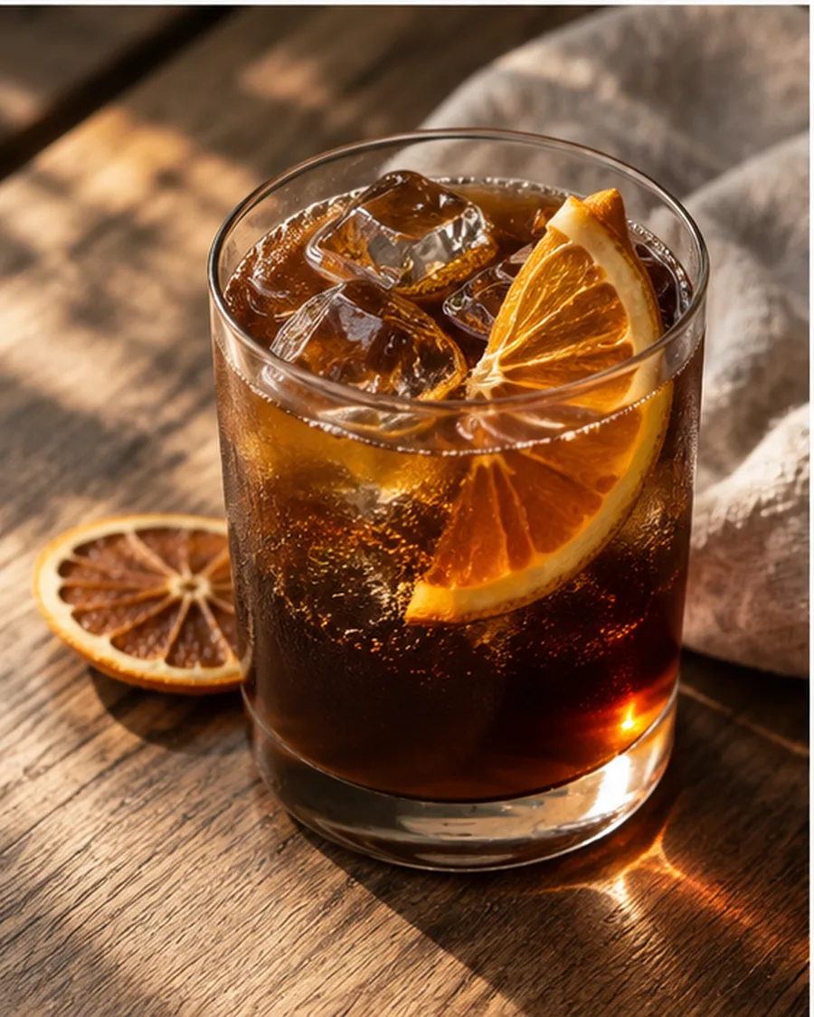 Cold brew tonic dengan irisan jeruk kering
