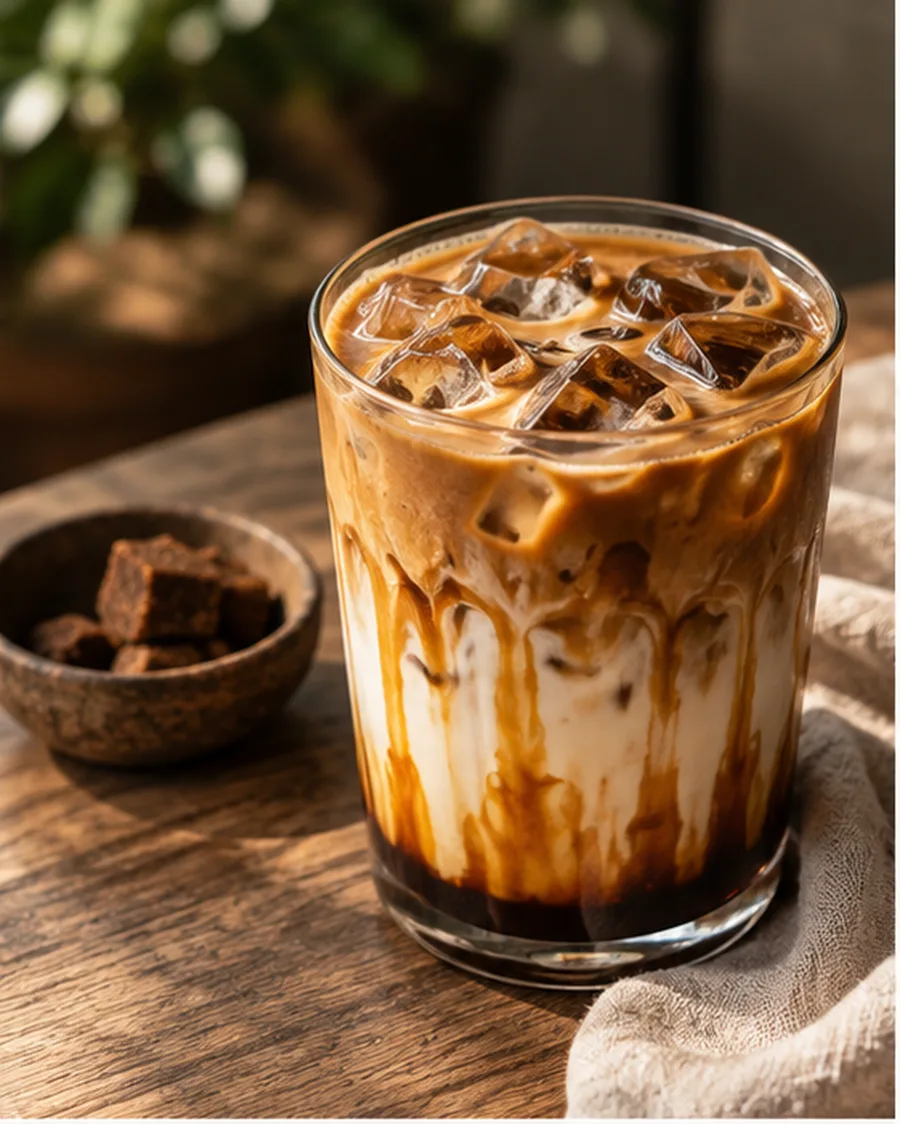 Es kopi susu gula aren di gelas bening