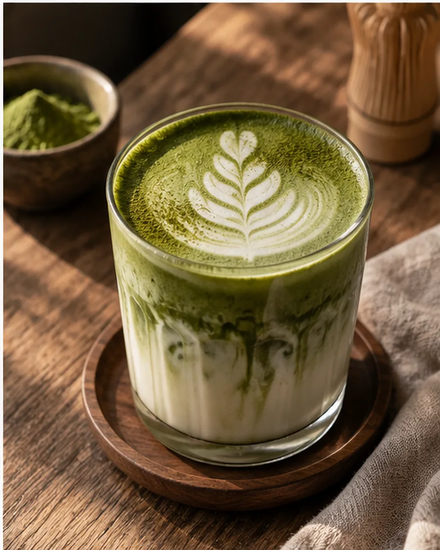 Matcha latte dengan latte art di gelas