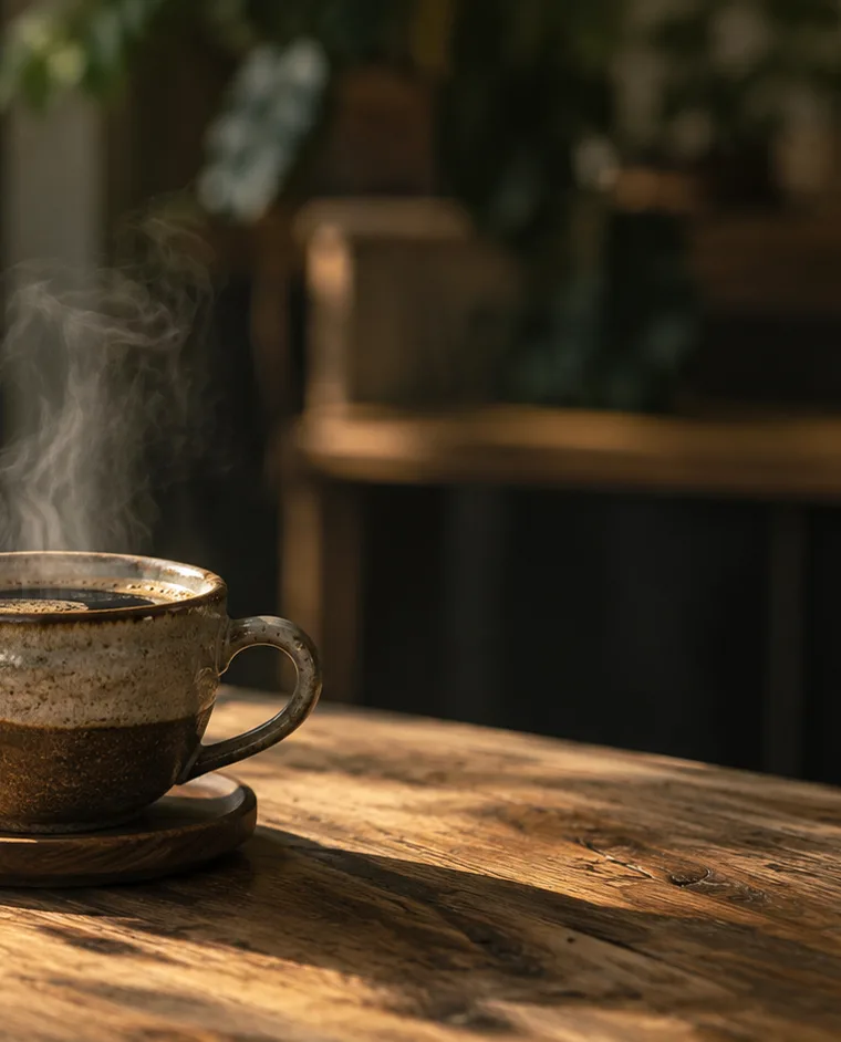 Meja kayu dengan cangkir keramik dan pour over